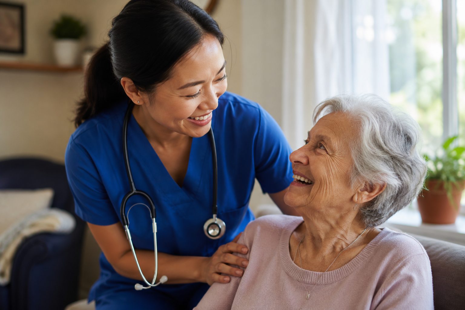 Caregiver sharing a warm moment with an elderly woman